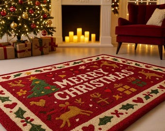 以下が含まれることがあります： 赤いクリスマスラグ、クリーム色の縁取り、大きな白い文字で「MERRY CHRISTMAS」と書かれています。 ラグには、クリスマスツリー、トナカイ、ギフトのイラストが描かれています。 ラグは暖炉の前に置かれています。