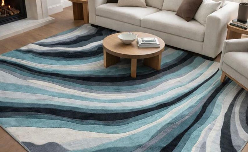 May include: A large rectangular area rug featuring a flowing, wavy pattern in various shades of blue, teal, navy, gray, and white. The design consists of undulating horizontal bands that create a sense of movement across the entire surface.
