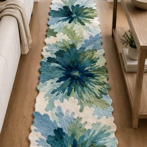 May include: A long, narrow runner rug with a scalloped edge featuring a repeating floral pattern in shades of deep navy, teal, sage green, and cream. The design consists of large, radiating petal shapes that create a textured, layered appearance.
