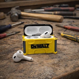 Könnte beinhalten: Gelbe und schwarze Schutzhülle für kabellose Ohrhörer mit dem "DEWALT"-Logo. Die Hülle ist geöffnet und zeigt weiße Ohrhörer. Ein Ohrhörer liegt außerhalb der Hülle. Werkzeuge wie Hämmer und Schraubendreher sind im Hintergrund.