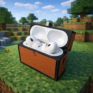 May include: A black and brown case with white earbuds inside, set against a pixelated green landscape with a blue sky. The case is open, revealing the earbuds. The case has a brown front and black trim.