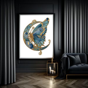Blue & Gold Butterfly Moon Print, Art Nouveau Wall Art, Celestial Printable, Digital Download Gift | Crescent Right No. 10015
