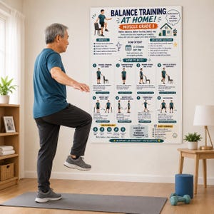 May include: A man performing a balance exercise in front of a poster titled "Balance Training at Home!" The poster details exercises for muscle grade 3, with illustrations and instructions. The man is wearing a blue shirt and gray pants.