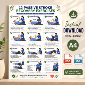 Può includere: Un poster digitale intitolato 12 Passive Stroke Recovery Exercises che presenta dodici illustrazioni numerate di esercizi di fisioterapia. Il grafico include istruzioni per ogni esercizio, un'icona di download ed etichette in formato A4.