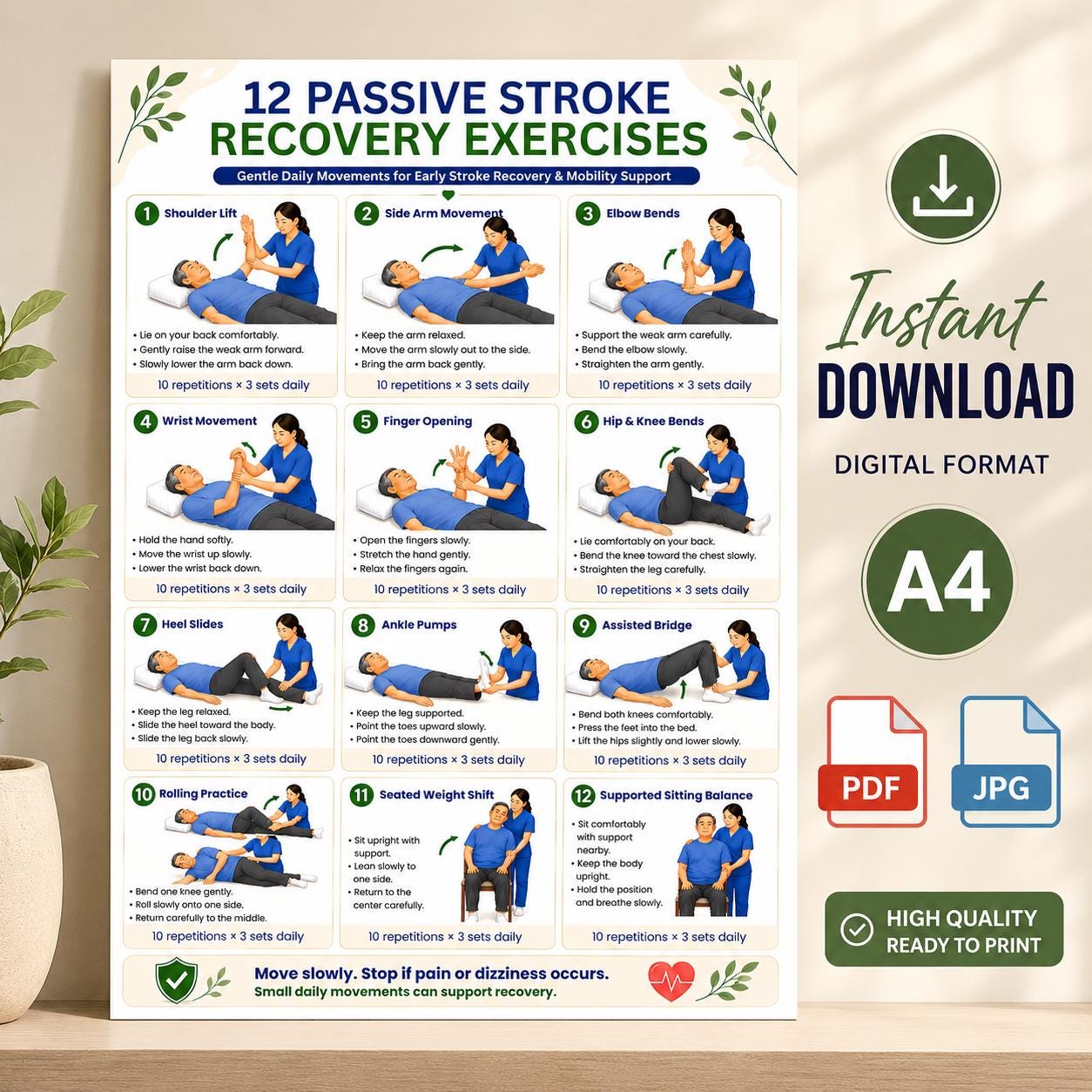 Stroke Recovery Exercises Printable Guide | 12 Passive Movements for ...