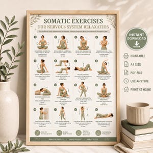 Pode incluir: Um cartaz instrutivo emoldurado intitulado Somatic Exercises for Nervous System Relaxation, apresentando dezasseis ilustrações numeradas de uma pessoa a realizar movimentos suaves. O gráfico inclui descrições de texto para cada exercício e um ícone de download.