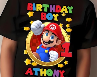 Camiseta personalizada de Mario y sus amigos para niño de cumpleaños, el regalo de cumpleaños de Super Mario para niños, camiseta personalizada de Mario para niño de cumpleaños, Super Mario Bros.