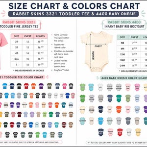 May include: Size and colour charts for Rabbit Skins toddler tees and baby onesies. The charts display chest and length measurements in inches for various sizes. Colour swatches are shown for both tee shirts and onesies.