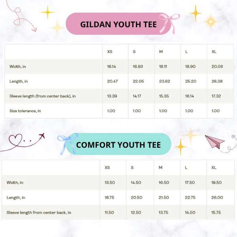 May include: A chart detailing the measurements of Gildan Youth Tees and Comfort Youth Tees. The Gildan chart includes width, length, and sleeve length in inches for sizes XS to XL. The Comfort chart also lists width, length, and sleeve length in inches for sizes XS to XL.