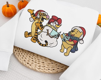 Pooh And Tigger Embroidery Design, Christmas Snowman Pattern, Holiday Friends Singing, Xmas Digital File, Cartoon Winter Decor
