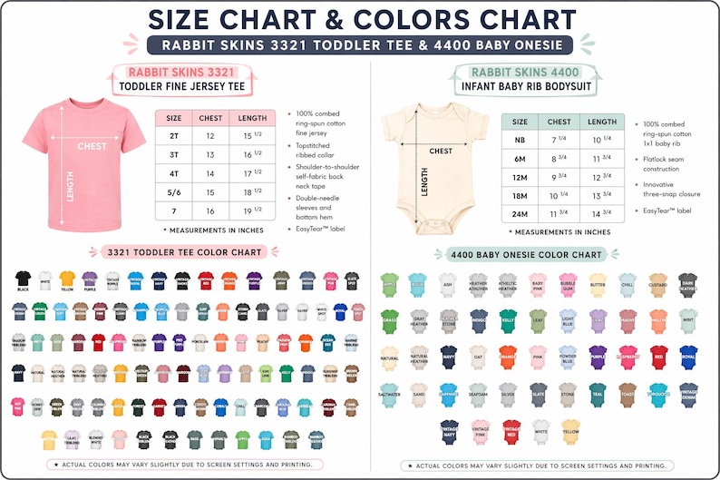 May include: Size and color charts for Rabbit Skins toddler tees and baby onesies. The charts display chest and length measurements in inches for various sizes. Color swatches are shown for both the toddler tees and baby onesies.