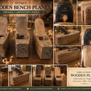 May include: A collection of three antique wooden bench planes featuring weathered brown hardwood bodies and original metal irons. The tools display visible grain, aged textures, and stamped markings including 2 1/4 PORTER on the blades.