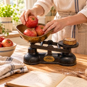 Peut inclure: Une balance à plateaux en fonte vintage avec un bol en laiton et un plateau circulaire pour les poids. La base noire porte une étiquette ovale dorée indiquant THE SALTER STAFFORDSHIRE. Trois pommes rouges sont placées dans le bol en laiton.