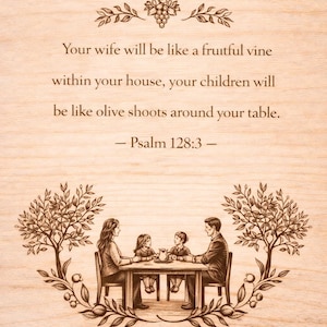 May include: Wooden plaque with an engraved family scene around a table, framed by olive branches and trees. The text reads, "Your wife will be like a fruitful vine within your house, your children will be like olive shoots around your table. - Psalm 128:3."
