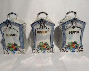 Set of 3 vintage German iridescent spice canisters
