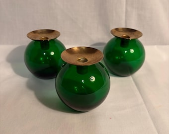 Vintage mid-century Swedish glass & brass candleholders by Lindshammer Glasbruk