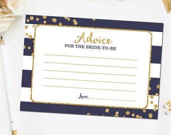 Navy and Gold Bridal Shower Advice for Bride Cards, Bridal Shower Games, Gold Glitter Confetti Navy Blue, Printable Instant Download BR13