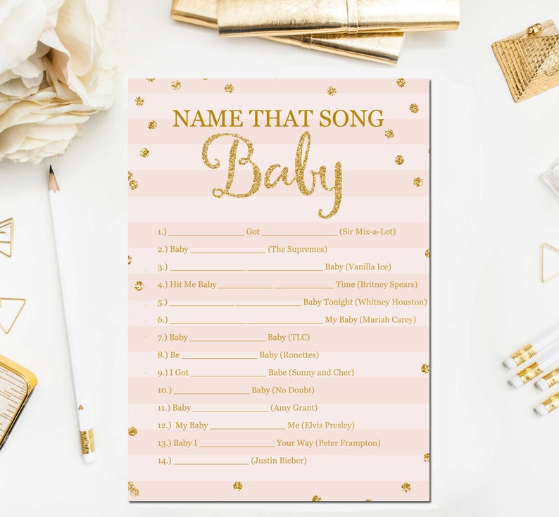 Baby Shower Games In Pink And Gold Name That Song Game Baby Etsy Baby Shower Games In Pink And Gold Name That Song Game Baby Etsy