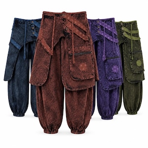 May include: Four pairs of loose-fitting trousers in blue, red, purple, and green, each featuring a washed-out texture, an asymmetrical wrap-style waistband with buttons, side pockets with zippers, and elasticized cuffs at the bottom of the legs.