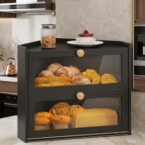 Corner Bread Box Large Bamboo Storage with Clear Window, Farmhouse Style