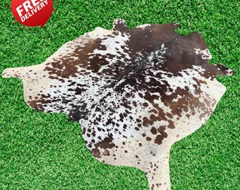 Alfombra grande de piel de vaca tricolor, de piel de vaca auténtica, color marrón y blanco, para sala de estar y dormitorio.