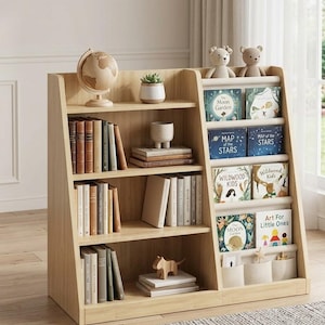 May include: A light wood bookshelf featuring three horizontal shelves filled with books, a globe, a small potted plant, and a wooden animal figure. The right side includes three fabric-lined display ledges holding children's books and two plush bears.