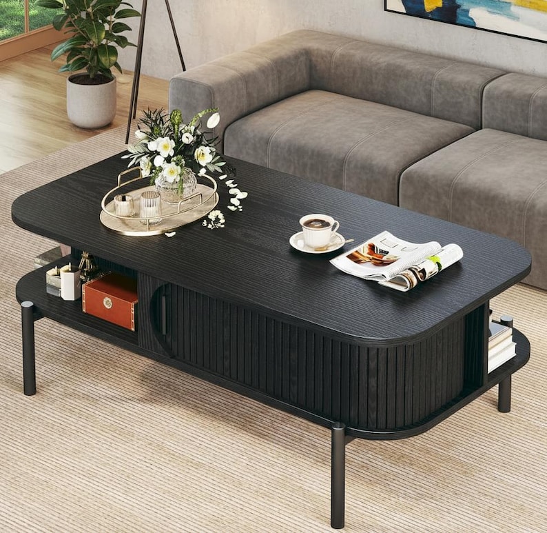 Mid Century Modern Coffee Table Black Fluted Panel Sliding Door Storage ...