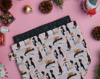 Pink and Black Cats, Small Holiday Knitting Project Bag, Cotton Drawstring