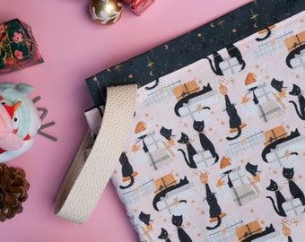 Large Holiday Knitting Project Bag, Cotton Drawstring Bag, Pink and Black Cats