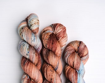 Hand Dyed Yarn, Blue and Copper Variegated Yarn, Sock, OOAK