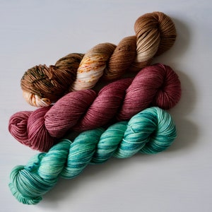 Hand Dyed Yarn, DK Weight Yarn, Green Red and Brown Bundle