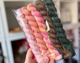 Hand Dyed Yarn, Sock Yarn, Pinks Gold and Green Bundle