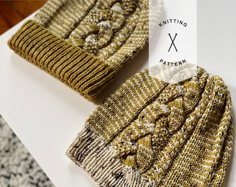 Women's Cabled Hat Pattern, Striped Beanie Pattern, Slouchy Hat, PDF Pattern | Anneliese Beanie