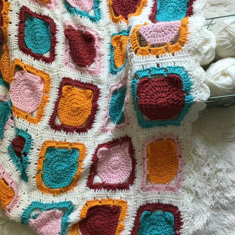 Crochet Cat Granny Squares Blanket Crochet Cats Cat Blanket Crochet Cat Blanket Crochet Lap Blanket Crochet Baby Blanket