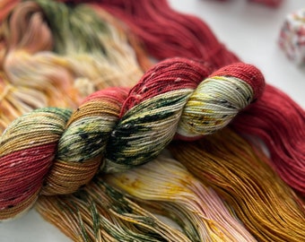 Hand Dyed Yarn, Green Red and Gold Speckled Yarn, Yuletide