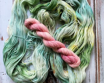 Superwash Merino Yarn, Hand Dyed Yarn Kit, Green and Pink Yarn, Sock Yarn, Desert Blooms, Two Lips