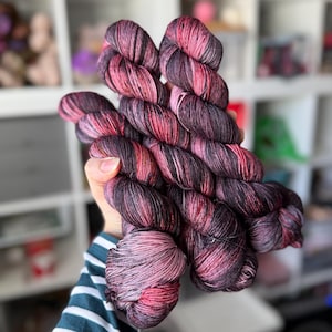 Hand Dyed Yarn, Red and Black Variegated Yarn, Sock, OOAK