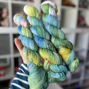 Hand Dyed Yarn, Yellow Green and Blue Variegated Yarn, Sock, OOAK