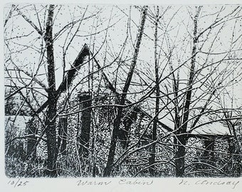 Original etching titled "Warm Cabin" signed by artist