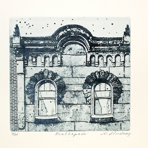 Original etching titled &quot;Scalloped&quot; Decorative, stone architecture.