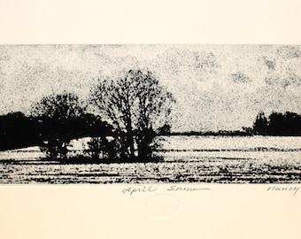 April Snow, original landscape etching signed by the artist