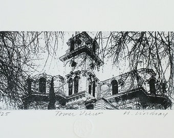 Original etching titled "Tower View" signed by artist