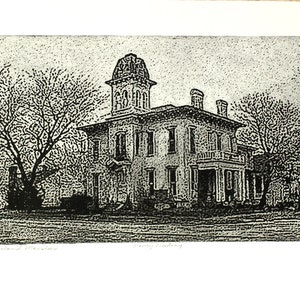 Original etching titled &quot;Rock Island Mansion&quot; signed by artist