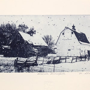Original etching titled &quot;March Snowfall&quot; signed by artist