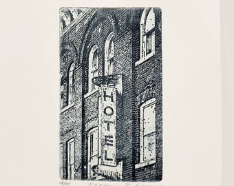 Original etching titled "Rooms" Vintage Hotel, signed