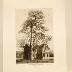 Etching titled Towering Branches, artist signed, Trees, house. image 1
