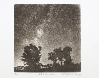 Etching titled "Nocturne", evening sky, black, blue ink