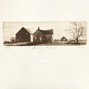 Original etching titled &quot;Farmstead&quot; signed by artist