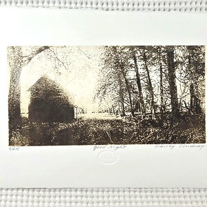 Good Night is the title of this sunset etching, atmosphere, original, signed