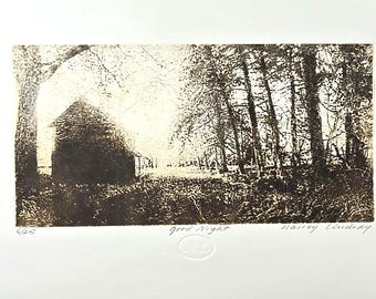 Good Night is the title of this sunset etching, atmosphere, original, signed